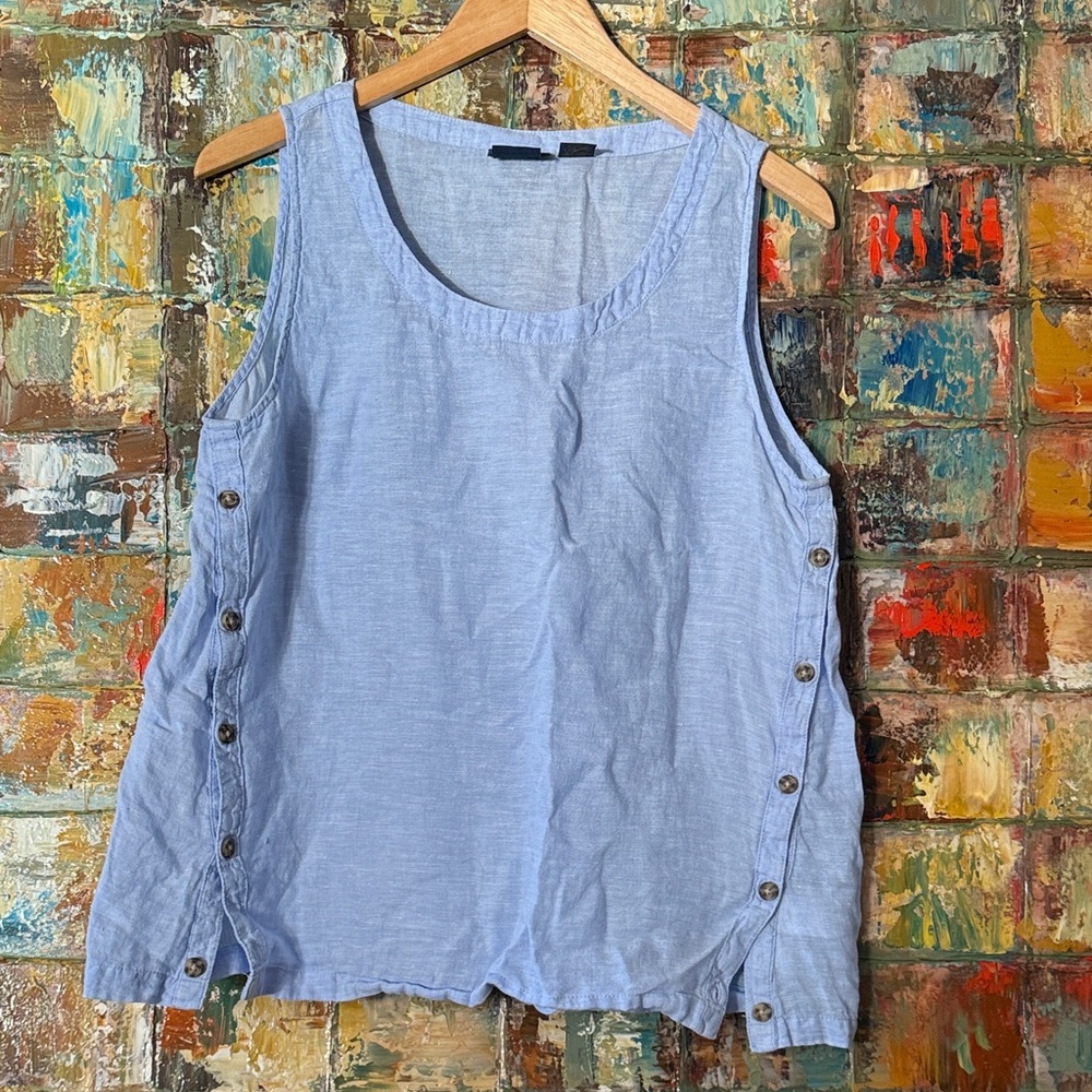 RACHEL Rachel Roy Light Blue Sleeveless Linen-Blend Tank with Side Buttons